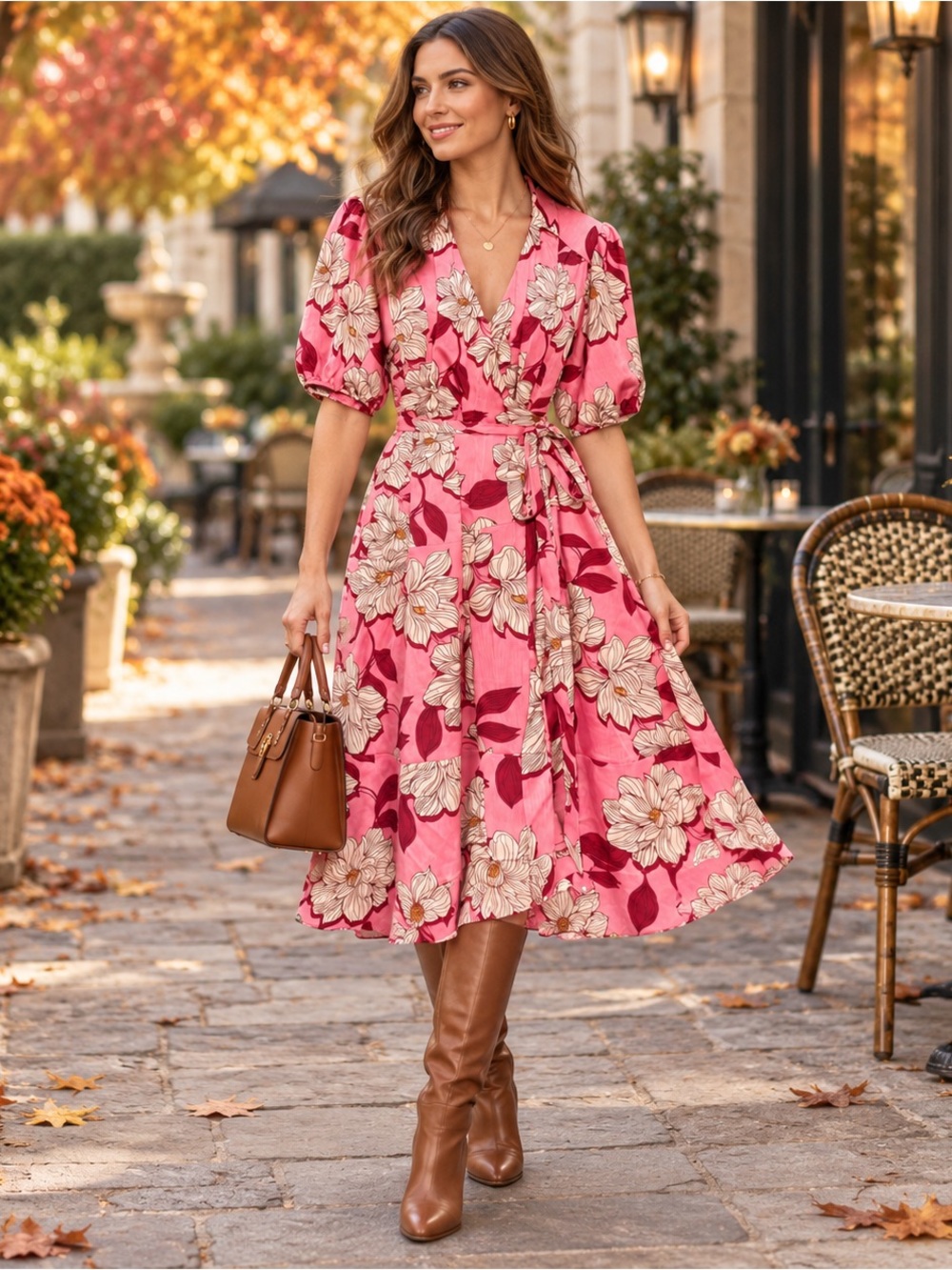 Draper James Pink Floral Wrap Midi Dress Puff Sleeve Belted  Cottagecore